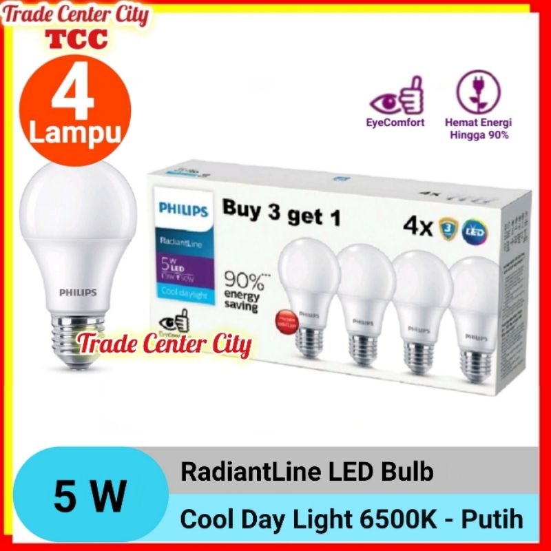 PHILIPS PAKET ISI 4 LAMPU LED 5 WATT 5 W BULB ESSENTIAL CAHAYA PUTIH ORIGINAL PHILIPS
