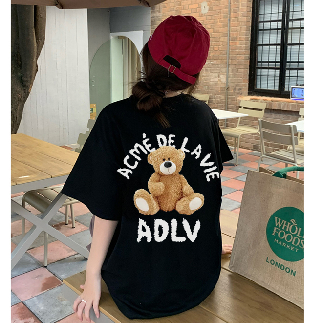 korean style kemeja oversize wanita lengan pendek Cute Bear graffiti print T-shirt import kaos wanita  premium kaos hitam ootd