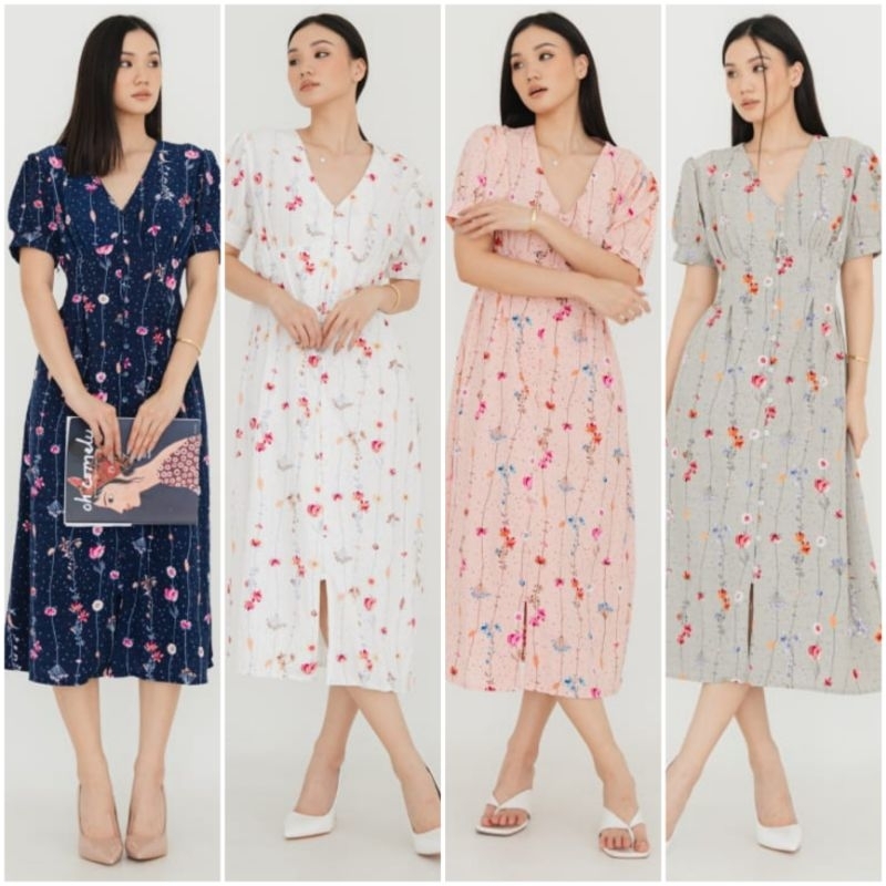 ⚡️ GOOD DEAL ⚡️ TERMURAH ! ♡ ORIGINAL ! ANDINI FLOWERY V-NECK BUTTON MIDI DRESS ( BUSUI FRIENDLY )