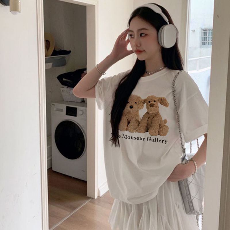 Korean Style Print T-shirt Kaos Lengan Pendek Cartoon Plush Bear Oversize Atasan Wanita