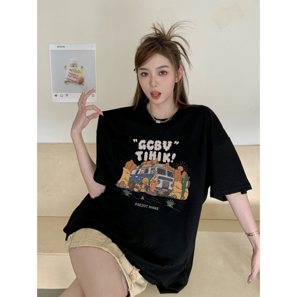 EUNII T-shirt Lengan Pendek Cartoon Desert Car Painting Printing Korean Style/Kaos Atasan Wanita/Baju Wanita/Kaos Wanita