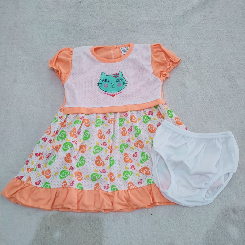 Dress Newborn 3 4 5 6 7 8 9 Bulan -1Tahun gaun baby motif Free celana Dalam ( Dress NB CAT ROSE )