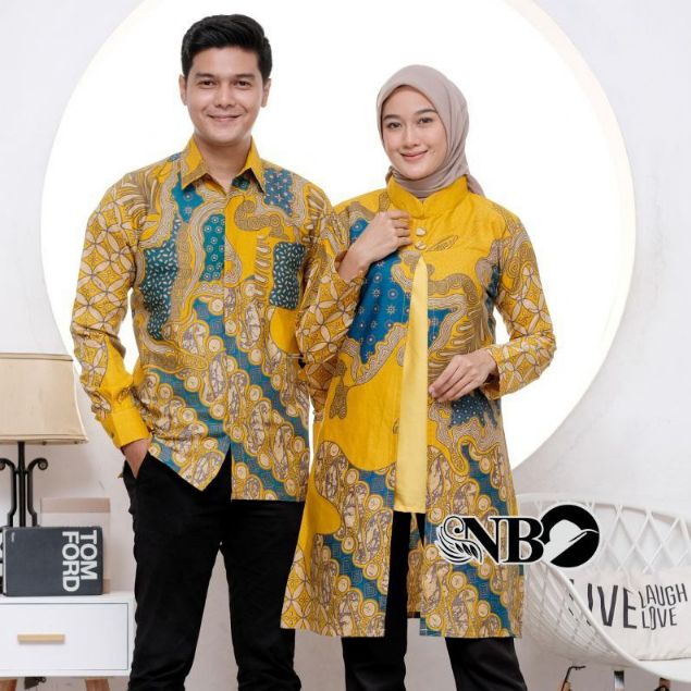 Baju Batik Couple Pasangan Motif Bianza Kuning Lengan Panjang Jumbo