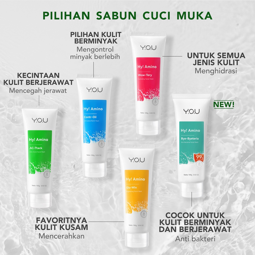 YOU Facial Wash Hy! Amino Anti Acne Sabun Wajah Anti Bacterial Face Wash Brightening Oil Control Wow-Tery Hydrating Sabun Cuci Muka