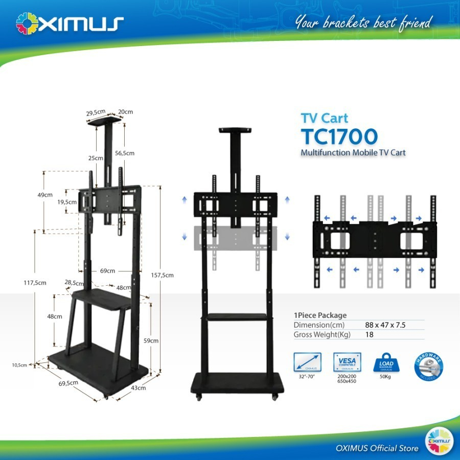 Bracket Standing Roda LED TV CART FLOOR 32&quot;- 70&quot; OXIMUS TC1700