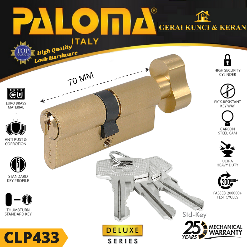 Knob Cylinder PALOMA CLP 433 DELUXE KC-SK 70MM  Standard Key GOLD SB KUNCI PINTU