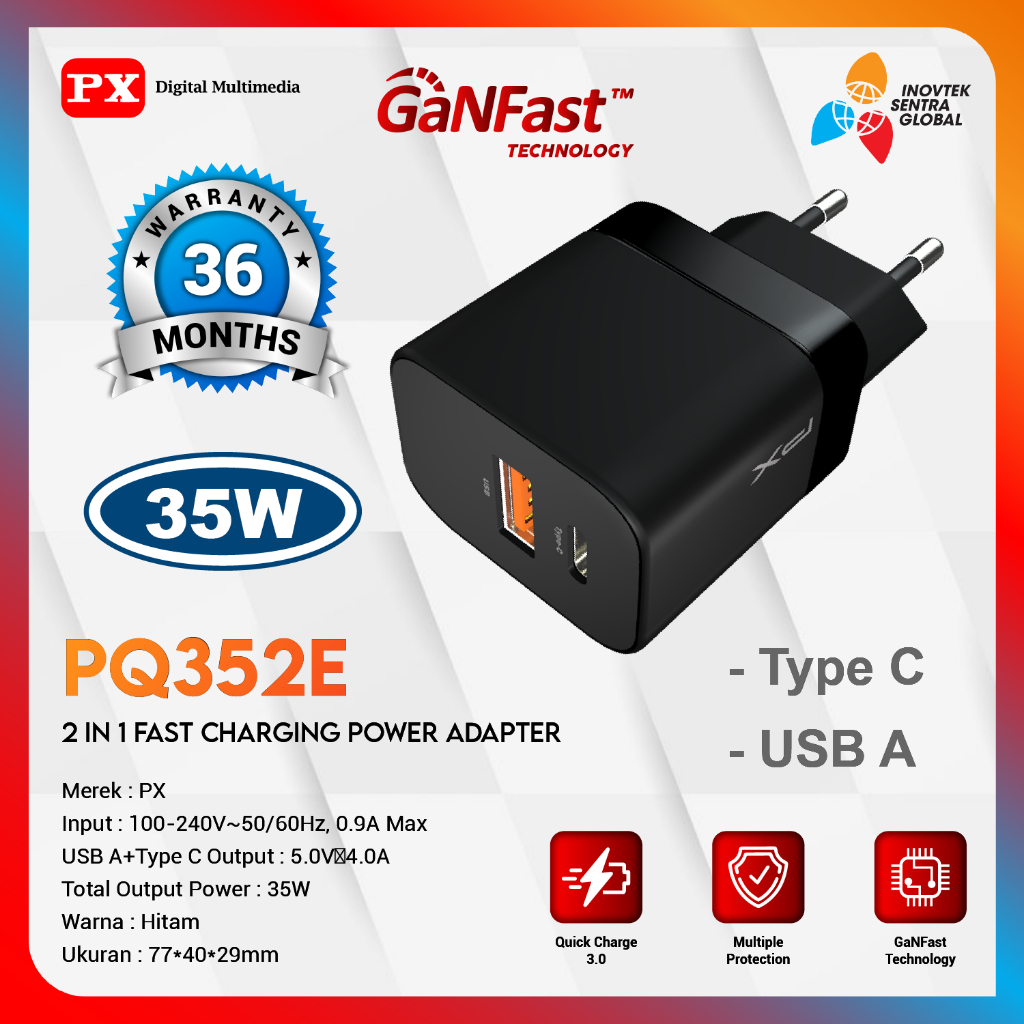 PX PQ352E Kepala Charger Adaptor 2 IN 1 Fast Charging Type C+USB A 35W