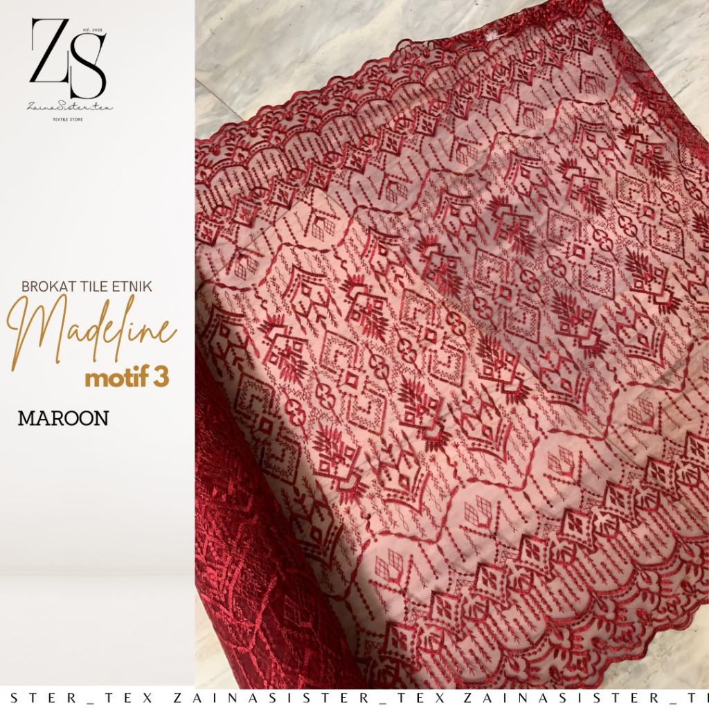 1/2 meter Kain Bahan Kebaya Brokat Brukat Tile Etnik Madeline Motif 3 Warna Merah Marun Maroon