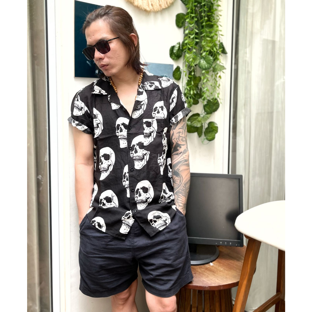 kemeja distro kemeja pria full print skull ready size M L XL katun rayon amarilo