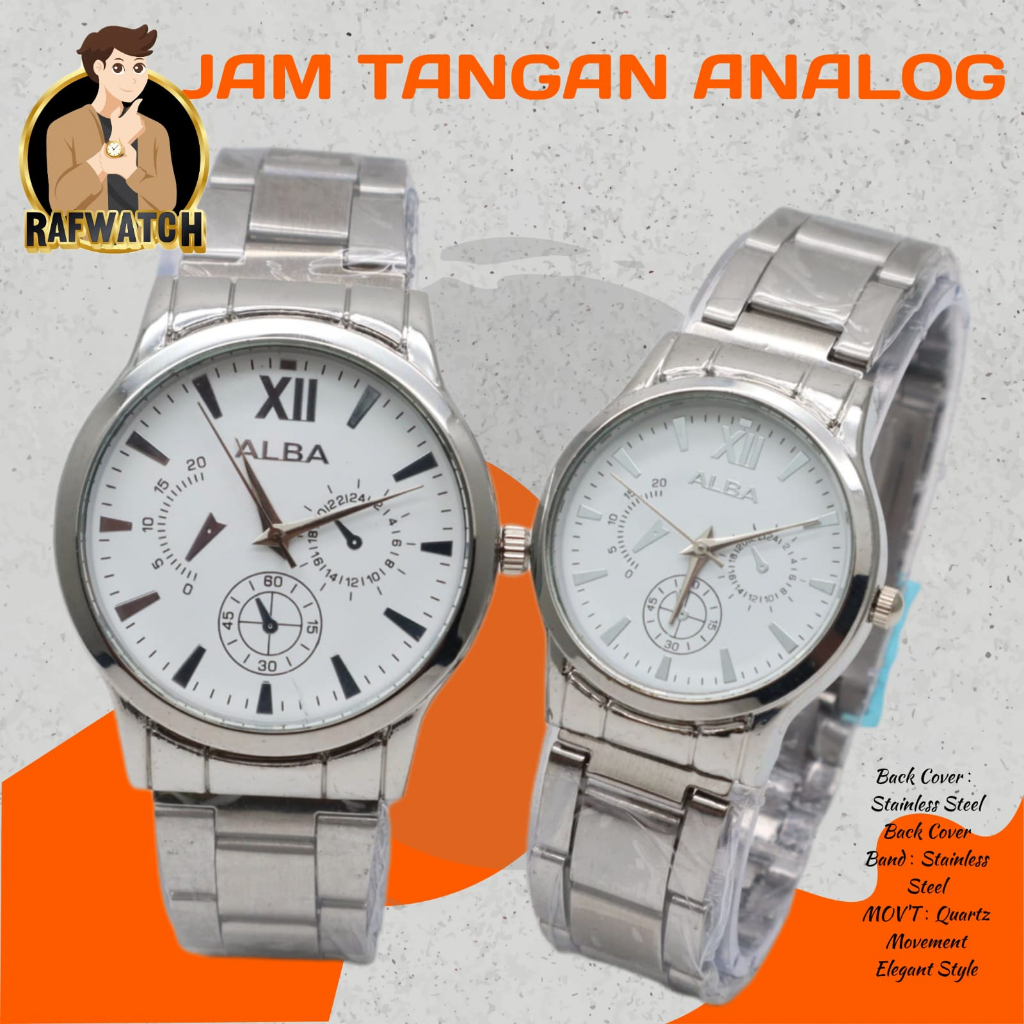 Jam Tangan Pasangan Pria Wanita Analog Casual Rantai Stainless Silver Hitam RPA3