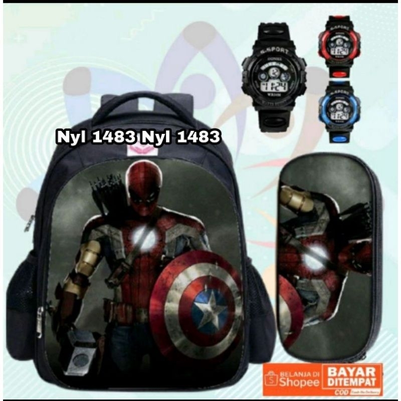 [ BISA COD ] Ransel Anak Tas Sekolah Anak Laki Laki Sd Motif Superhero Free jam tangan