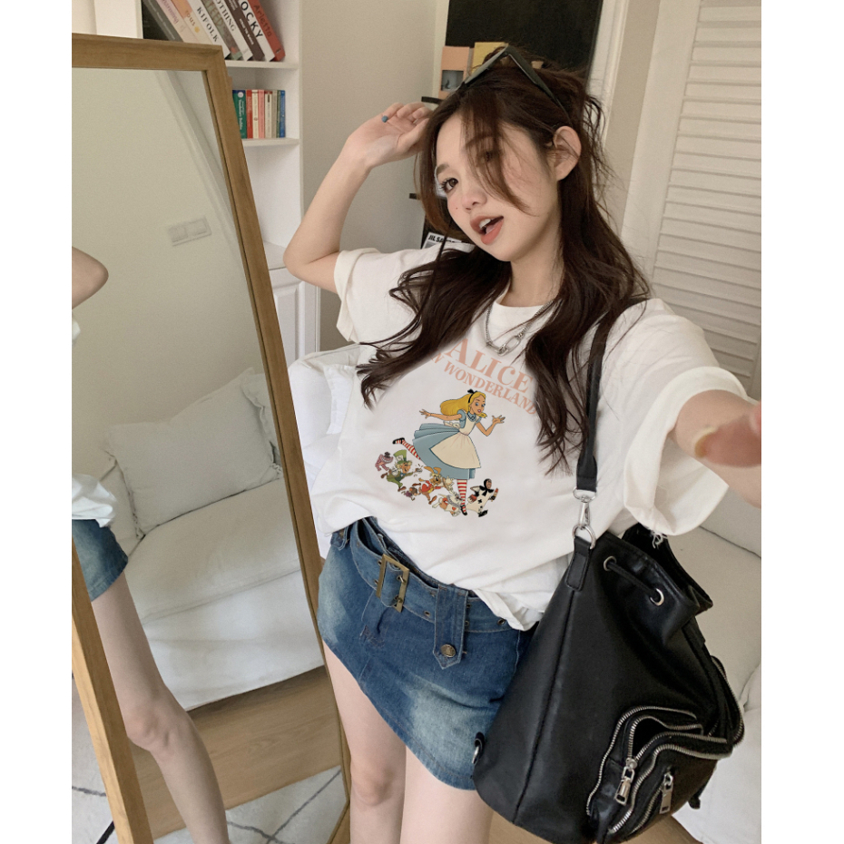 baju kaos wanita lengan pendek/fairy tales alice motif printed import oversize kaos korea wanita