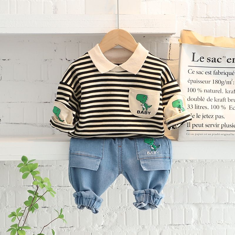 ANANAKSTORE- Baju setelan anak laki laki lengan panjang MOTIF STRIP BABY DINO lucu/ baju premium 0-4 Tahun