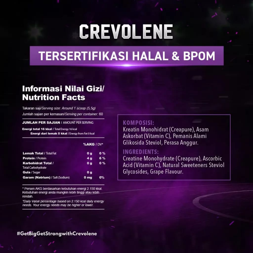 Evolene Crevolene Evo Creatine Kreatin Creatin Bubuk BPOM HALAL 300 gram CREVOLEN CREVOLINE EVOLEN EVOLINE EVOLIN RASA ANGGUR GRAPE MONOHYDRATE MICRONIZED