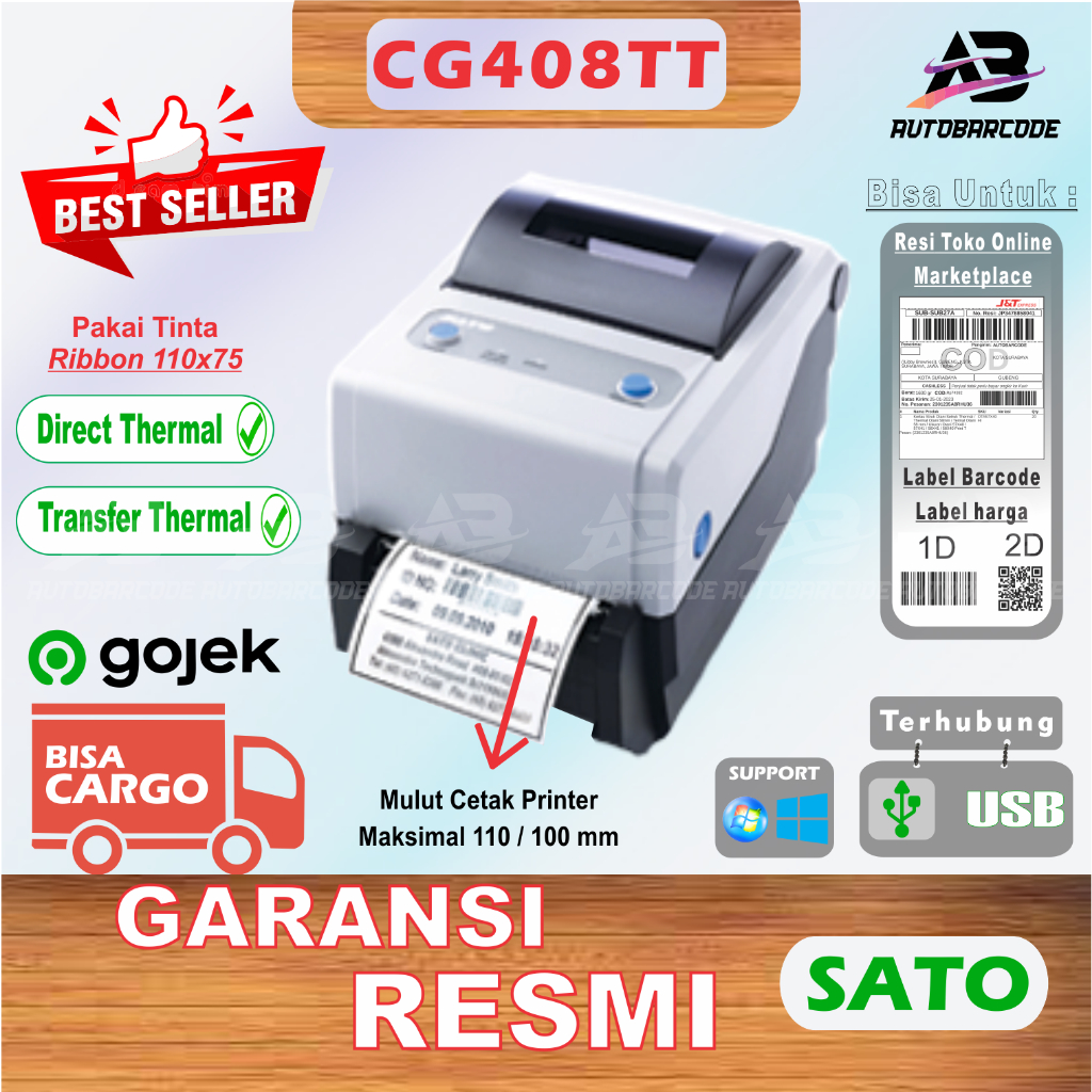 Printer Barcode Label Thermal SATO CG408TT / CG 408 TT Ukuran 110MM A6 Koneksi USB Transfer / Direct Resi Label Harga Semicoated Ribbon Wax Resin Yupo