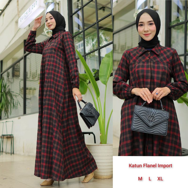 Fashion Muslim Gamis Motif Kotak-Kotak Premium Import original Katun Flanel pakaian muslim wanita | 