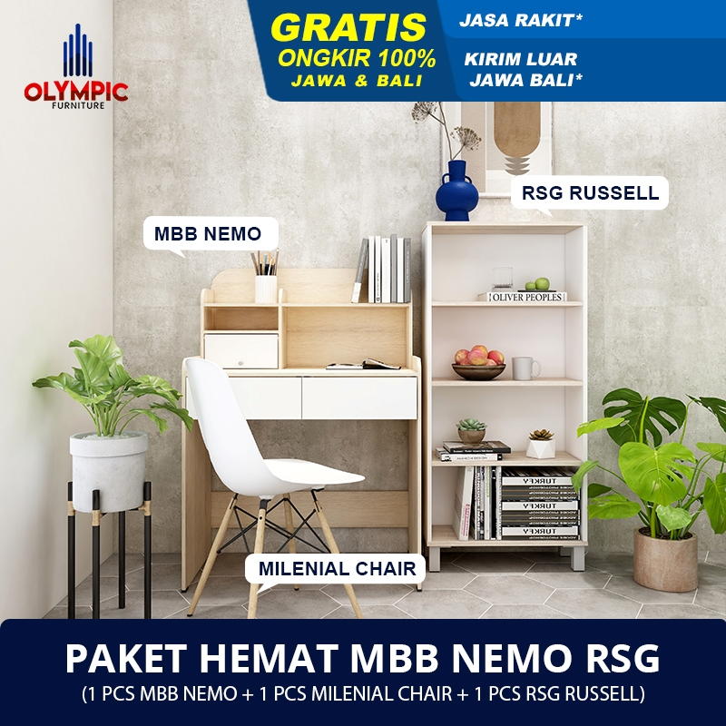 Olympic Paket Ruang Belajar Minimalis / Set Meja Kursi Rak Buku Penyimpanan Serbaguna / MBB NEMO + MILENIAL CHAIR + RAK SERBAGUNA