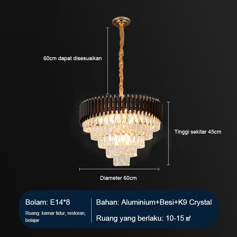 Lampu Gantung 60cm Kristal Chandelier Mewah Gold/Black Crystal Chandelier Gaya Nordik Minimalis Modern Lampu Ruang Tamu Hias Gantung