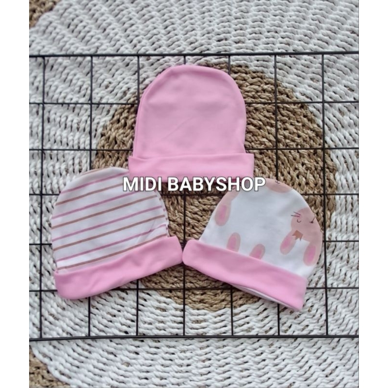 Serian Pink - 3 Pcs Topi Kupluk Bayi Baru Lahir Topi Bayi 0 - 3 Bulan Pink Series Pip Mim Babywear