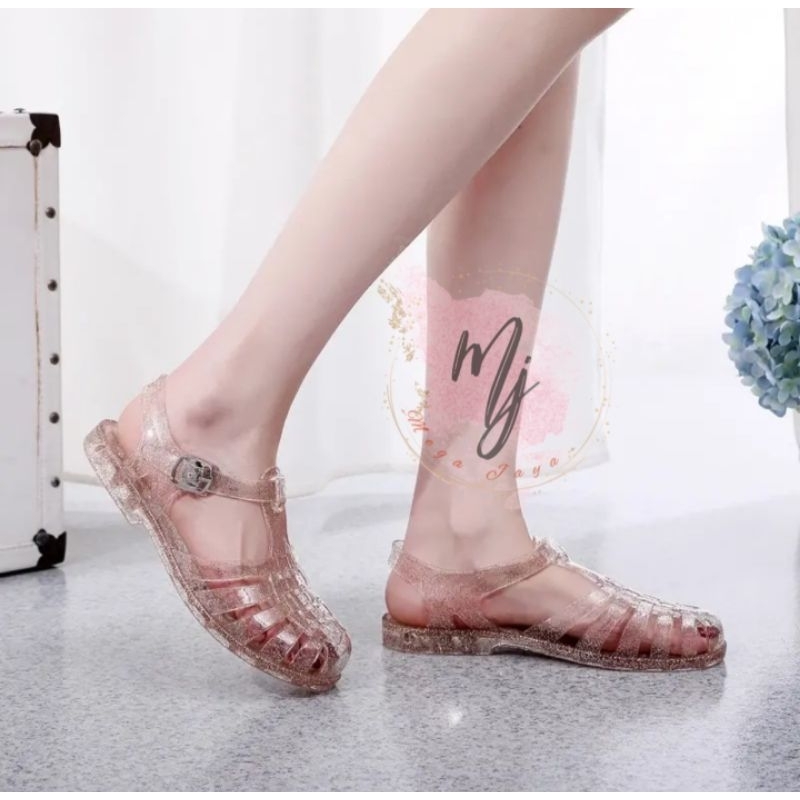 Sandal Jelly Transparant Glitter/ Meisha Jelly Shoes Dewasa/ Sandal Jelly Wanita Import