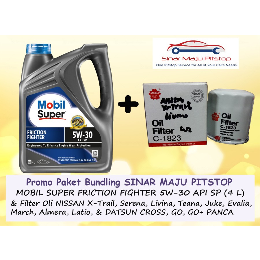 Paket Bundling Oli MOBIL SUPER FRICTION FIGHTER 5W-30 API SP 4 Liter & Filter Oli DATSUN GO & GO+ PA