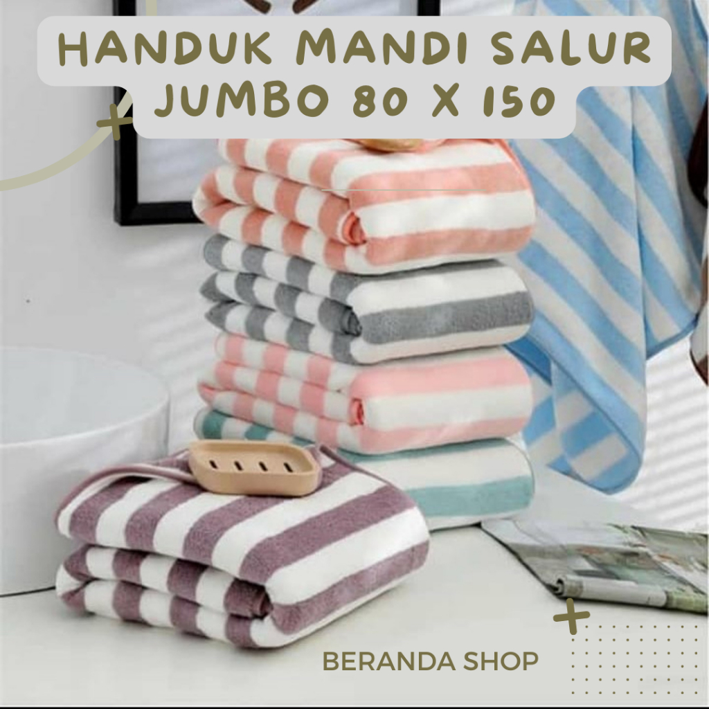 Handuk Mandi Salur PREMIUM Quick Dry Microfiber Bulu Garis Lembut 80x150 Super Serap Air