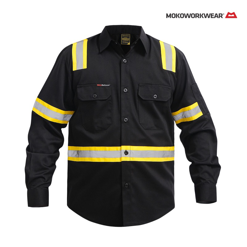 MokoWorkwear - Wearpack Safety Hitam / Black List Yellow Scotlite Premium Pria Baju Safety Tambang P
