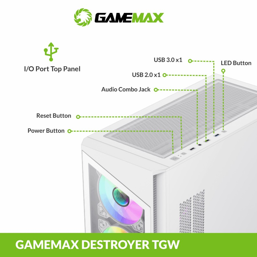 Casing PC Gamemax Destroyer Tempered Glass White Micro ATX
