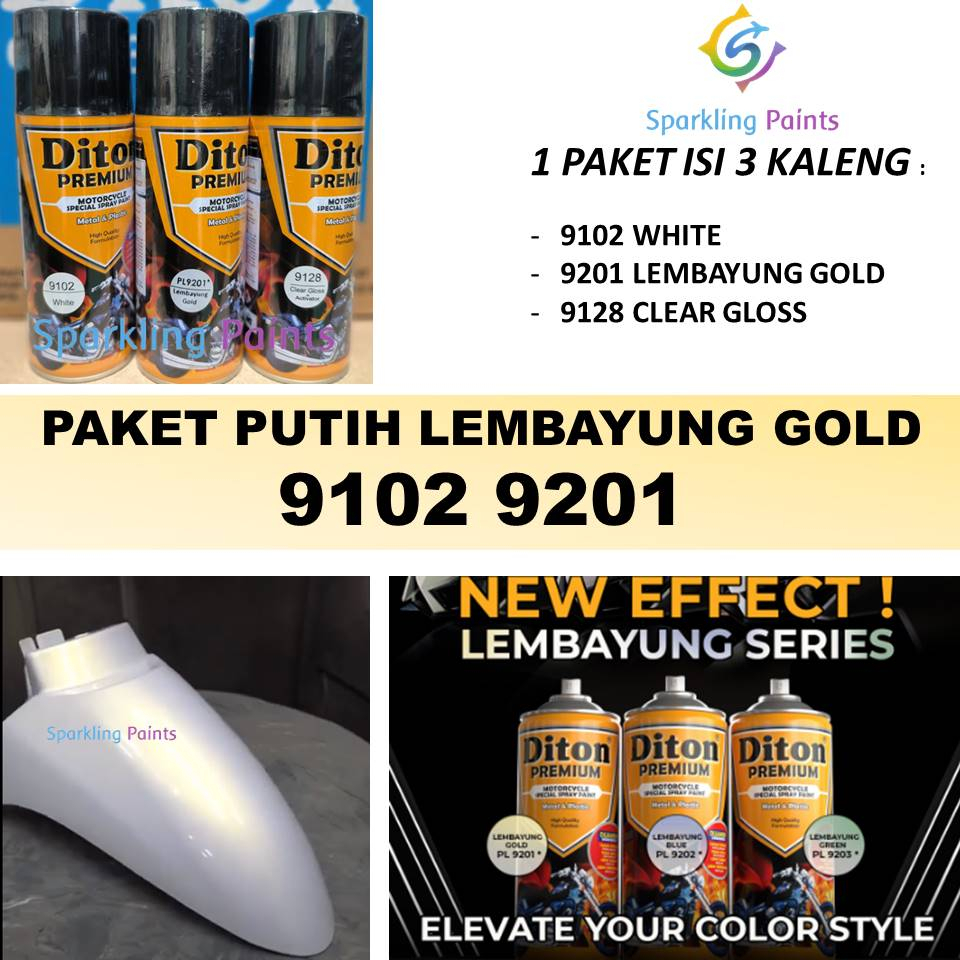 PAKET Diton Premium Lembayung Gold 9201 PL PL9201 + White 9102 + Clear 9128  Cat Putih Emas Efek Vernis Gloss Mengkilap Pilok Pilox Pylox 400ml