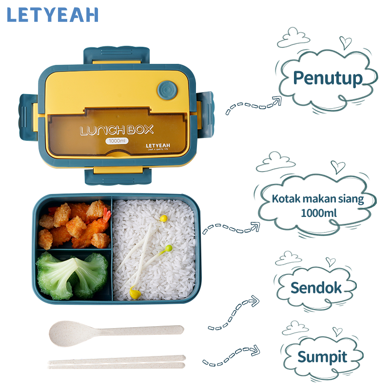 letyeah Tempat bekal makan anti tumpah 1000ml lunch box 3 grid kotak makan/Bpa free