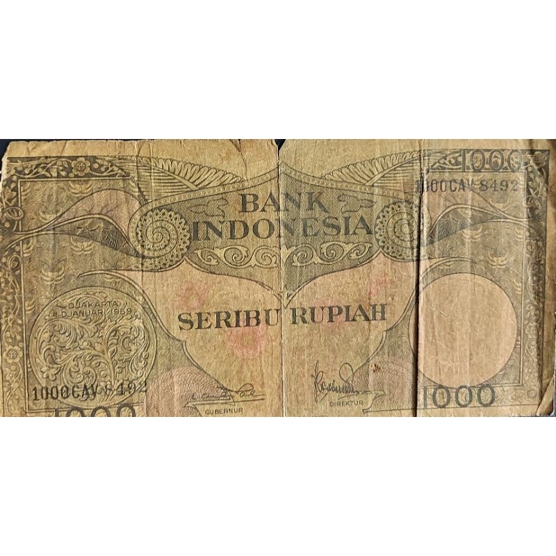 Uang Kuno Indonesia Series Bunga 1000 rupiah tahun 1959 Agak Geripis Sedikit cuil Langka Kondisi Renyah Original 100%