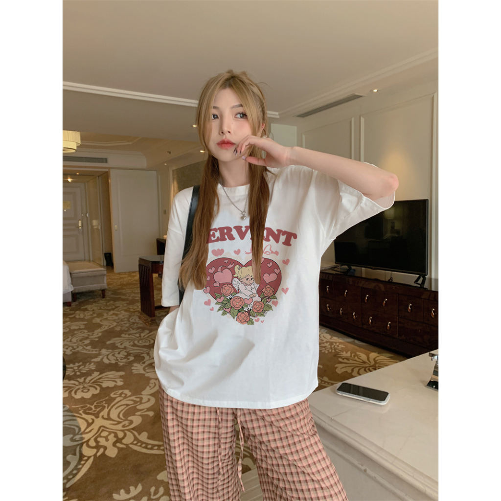 EUNII T-shirt Lengan Pendek Cartoon Love Angel Korean Style/Kaos Atasan Wanita/Baju Kaus Oversize Wanita/Kaos Wanita