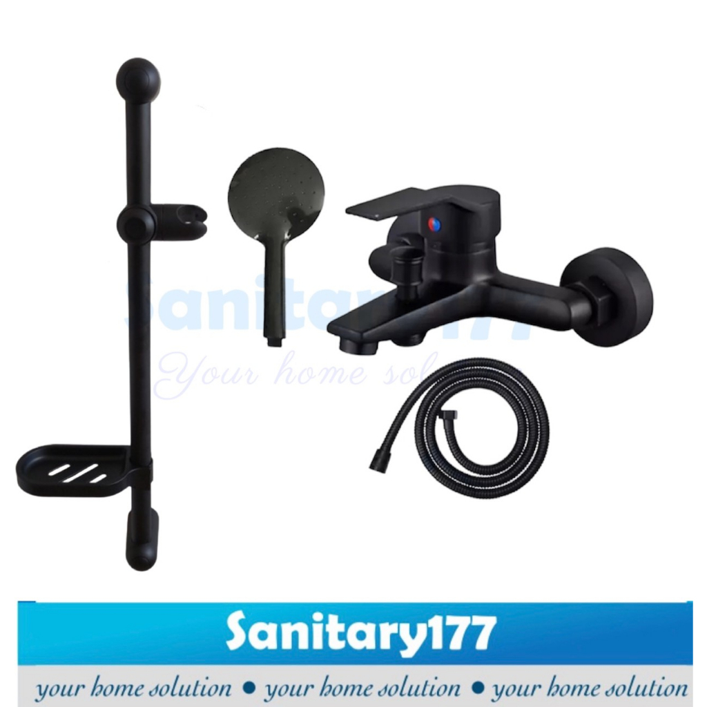 Paket bundling Kran Bathtub Panas Dingin HITAM &amp; shower tiang HITAM set -keran air hot cold mixer black matte minimalis sower bar