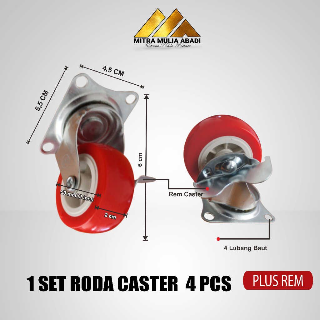 Roda Caster / Roda Merah Nylon / Roda Etalase + Rem 50mm (2inch)