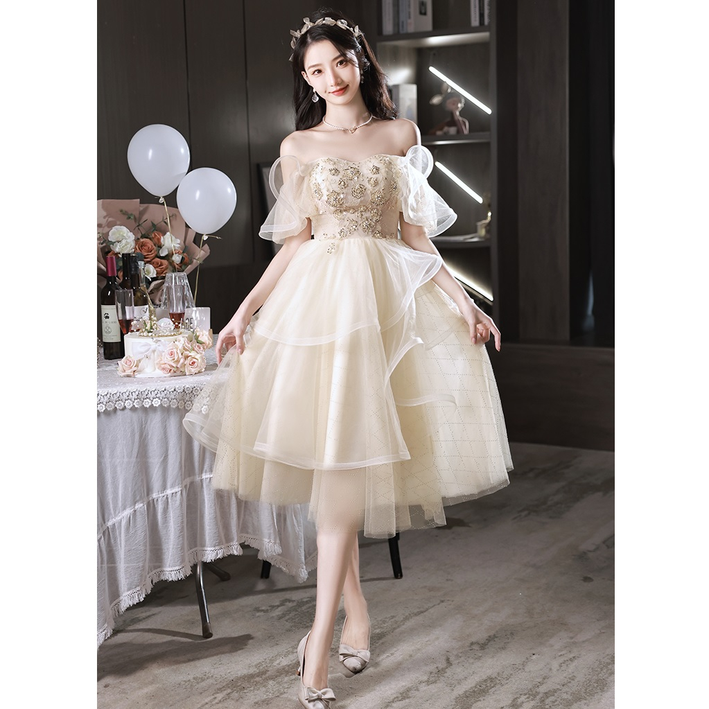 Gaun Pesta 2305001 Cream Lengan Pendek Party Dress