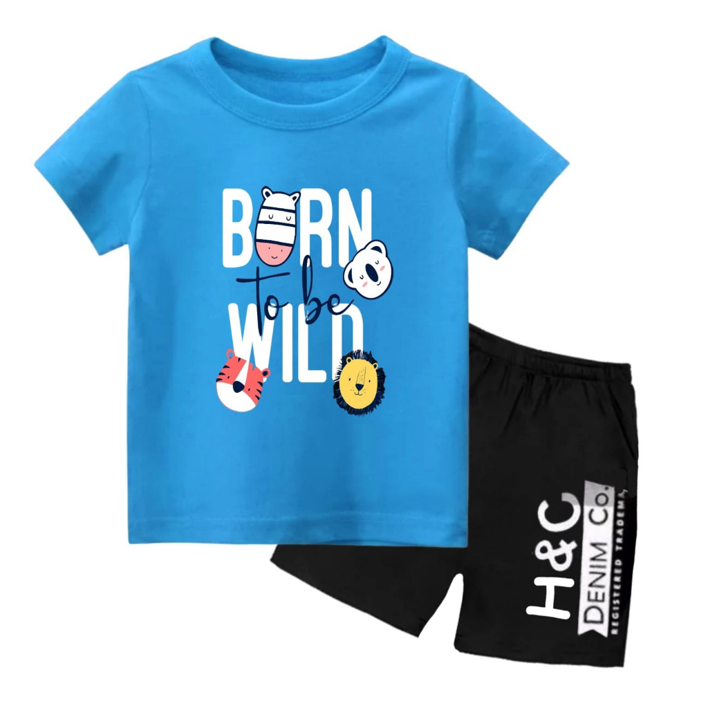 Rdkidzid SET Lengan Pendek Anak Laki Laki Motif Born Wild Berwrn