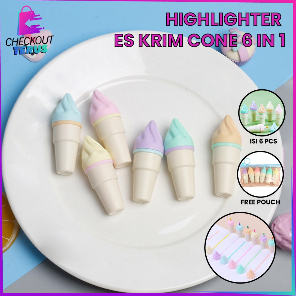 CT A57 Highlighter Pen Es Krim Cone Monas Unik 6IN1 Free Pouch Stationery Alat Tulis Kantor Penanda Berwarna Spidol Highlighter Ice Cream Cone