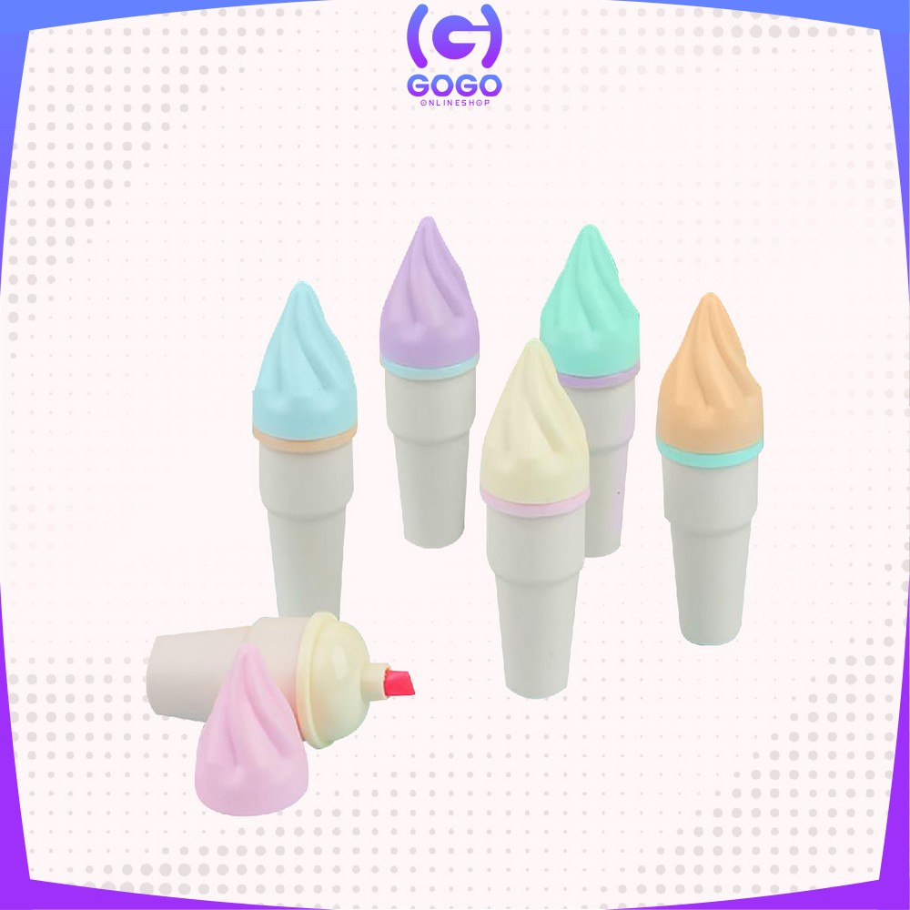 GOGO-A57 Highlighter Pen Es Krim Cone Monas 6 in 1 Free Pouch Penanda Berwarna / Spidol Highlighter Model Ice Cream Cone Unik Alat Tulis kantor Stationery