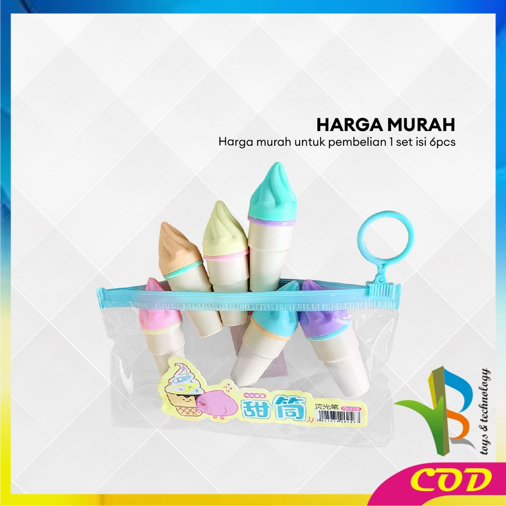 RB-A57 Highlighter Pen Es Krim Cone Monas 6 in 1 Free Pouch Penanda Berwarna / Spidol Highlighter Model Ice Cream Cone Unik Alat Tulis kantor Stationery