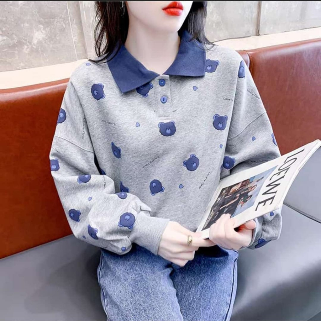 Lovely Bear Collar Fullprint Sweater Wanita Korean | Sweater Wanita Oversize Kerah Bahan Fleece tebal