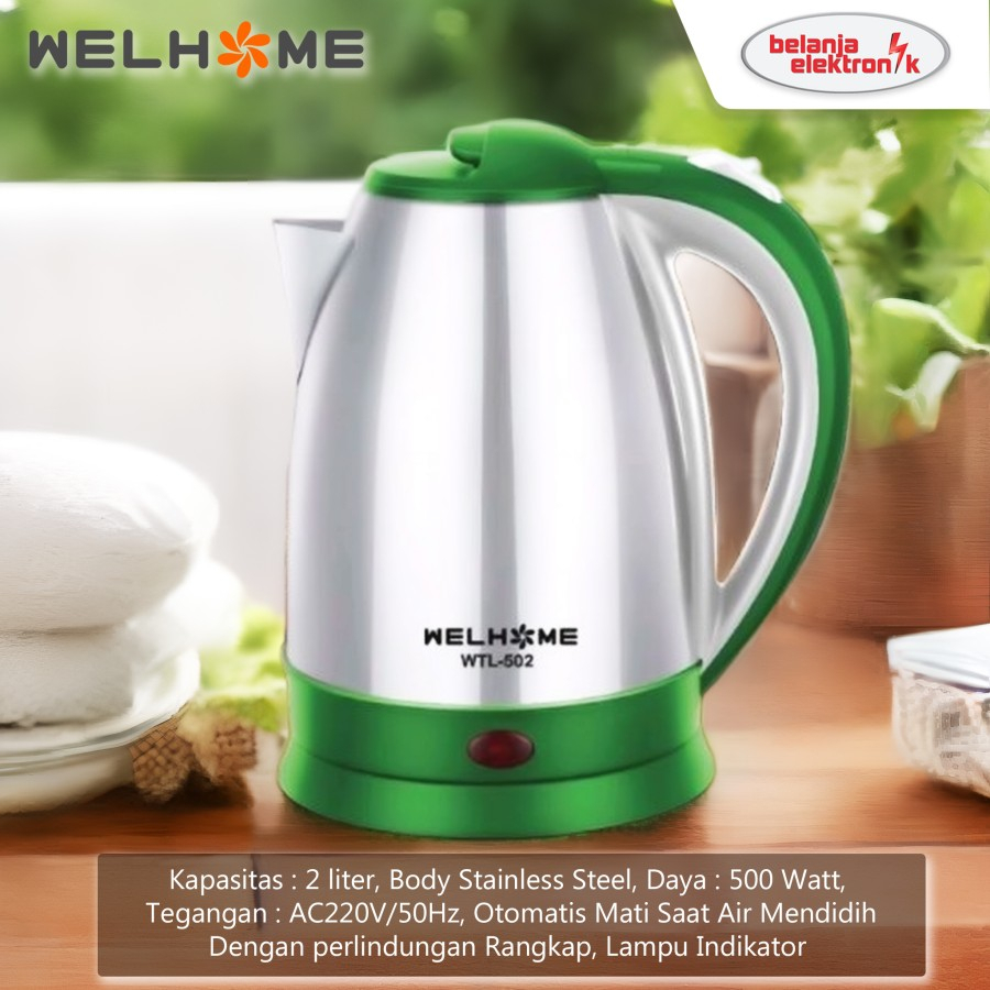 Kettle Teko Listrik 2L Pemanas Air Stainless Otomatis - Welhome WLT-502