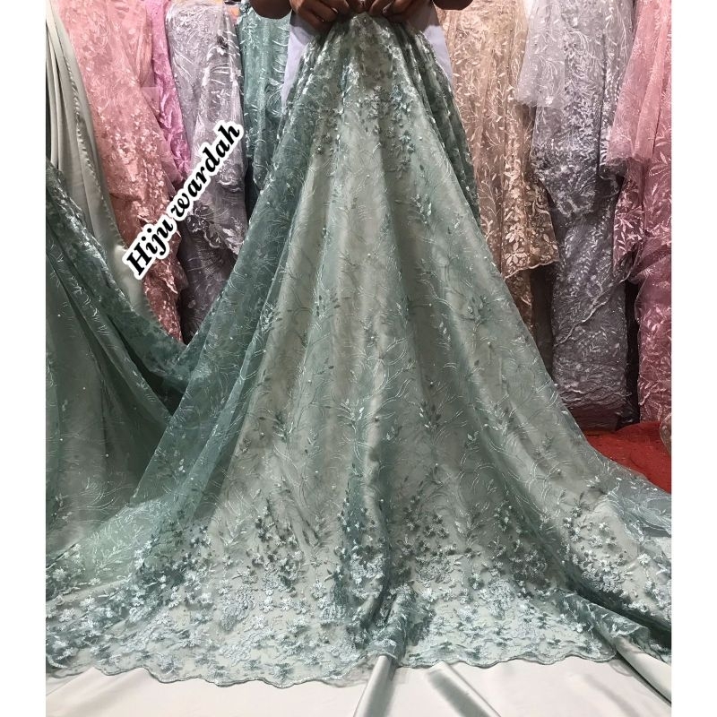 TERMURAH..!!! KAIN TILE TULLE AKAR MUTIARA BORDIR ATAS BAWAH / BAHAN BROKAT MUTIARA KEBAYA