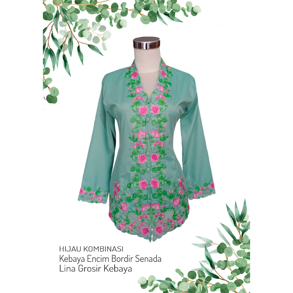 Kebaya Encim Kartini Katun Bordir Modern Hijau Sage Kombinasi Lengan Panjang