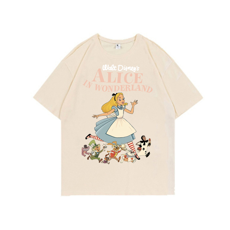 Kaos Puith Atasan Wanita Lengan Pendek Oversize  Alice In Wonderland Printed T-shirt Baju Wanita Kekinian Korean Style/Baju coklat