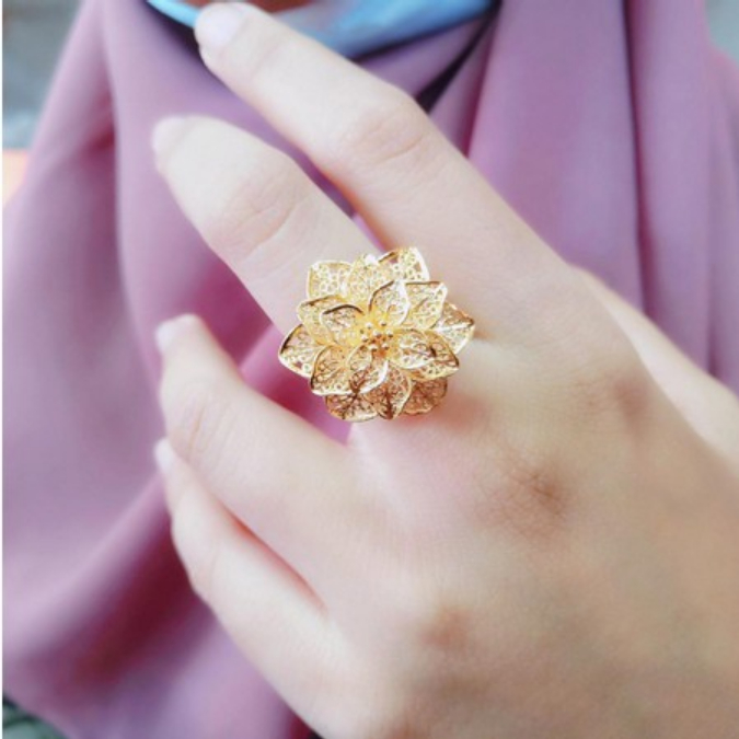 Cincin Lapis Emas 24karat Cincin Bunga Emas Bangkok Kuning bentuk bunga