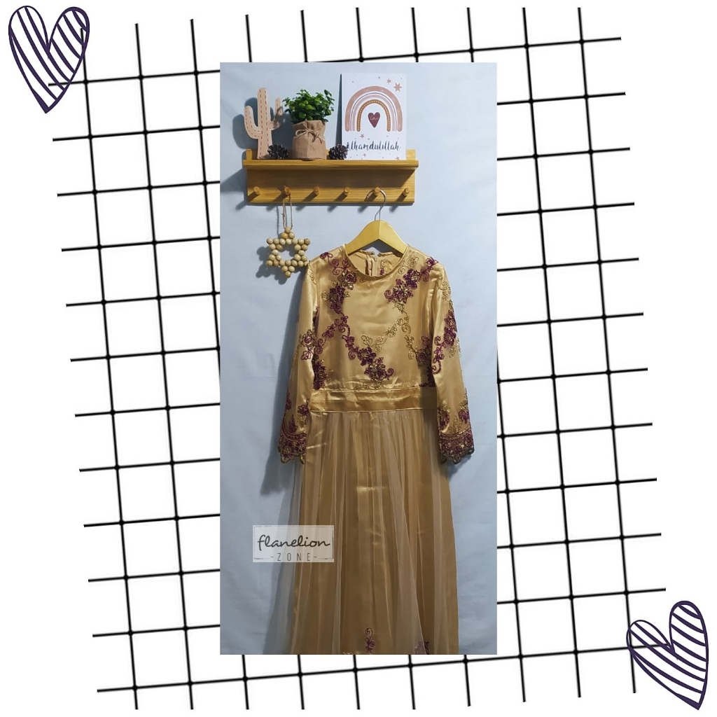 Pakaian Baju Muslim Gamis Long Dress Gaun Pesta Brokat Brukat Tutu Anak Perempuan Cewek Lucu Kuning Emas Yellow Gold PreLOVEd SeCoNd