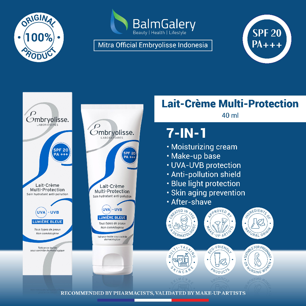 Embryolisse Lait-Creme Multi-Protection 40ml – 7 IN 1 : Pelembab Moisturizer Wajah + Makeup Cleanser Remover + Makeup Base Primer + Masker + Suncare + Cream After Shave + SPF20  Sun &amp; Blue Light Protection - Rekomendasi MUA dan Artist Hollywood - 1x