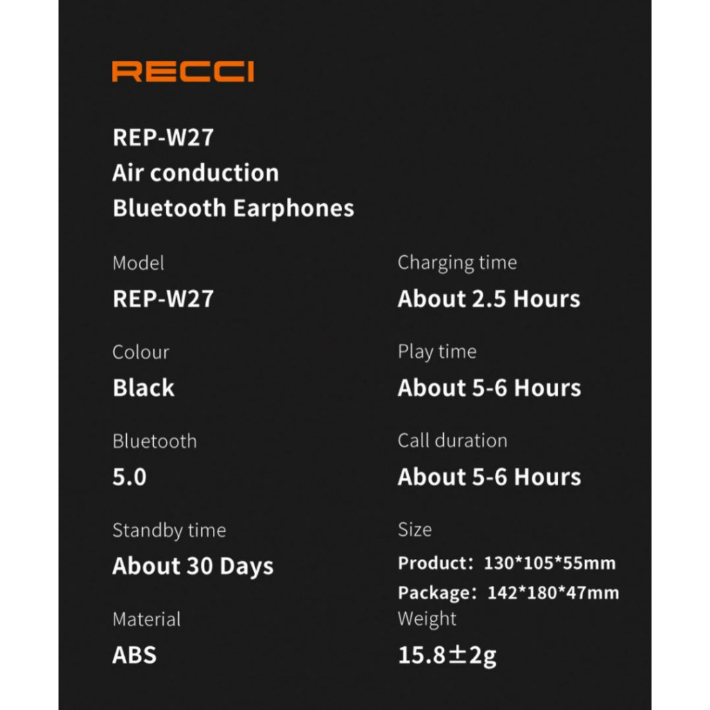Recci REP-W27 Wireless Bluetooth sport headset Air conduction earphone
