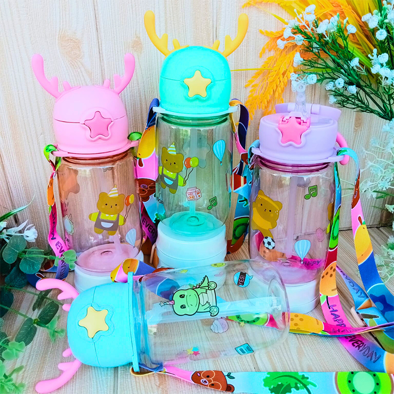 Botol Minum Tanduk Rusa Star Balita Anak Sekolah 500ml Sedotan Tali Panjang Free Stiker Lucu