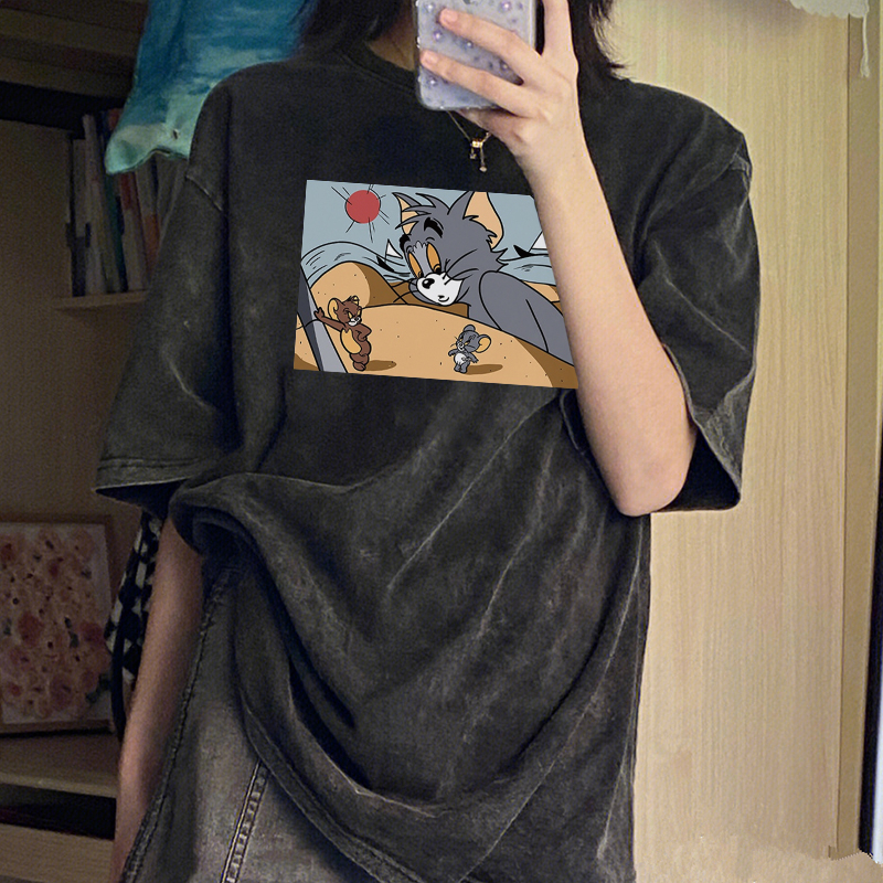 Print Washed T-shirt Kaos Lengan Pendek Oversize Cartoon Tom And Jerry Korean Style Atasan Wanita